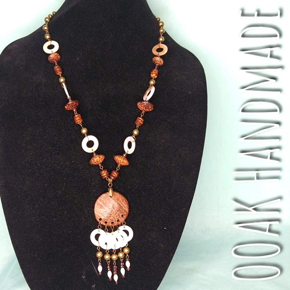 OOAK Handmade Coconut Shell Fringed pendant necklace seashell wood beads